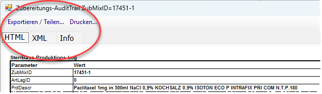 Audit trail Darstellung in SteriBase-Fenster