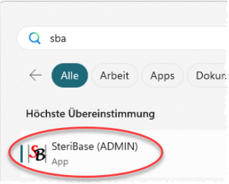SteriBase Admin über Suche öffnen