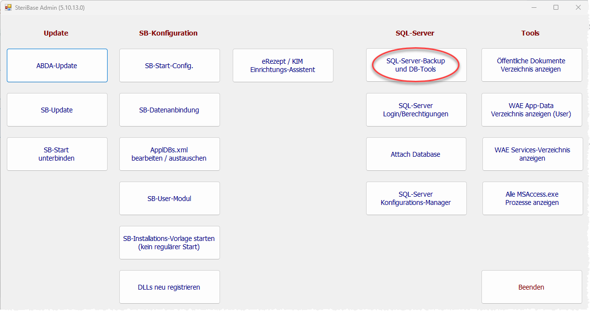 SQL-Backup und Tools öffnen