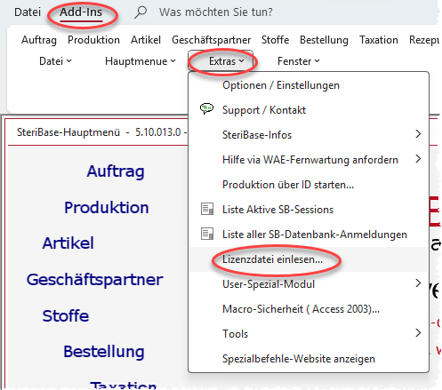 Menüpunkt Lizenzdatei einlesen