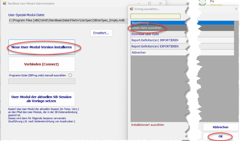 Installationsfenster für User-Modul