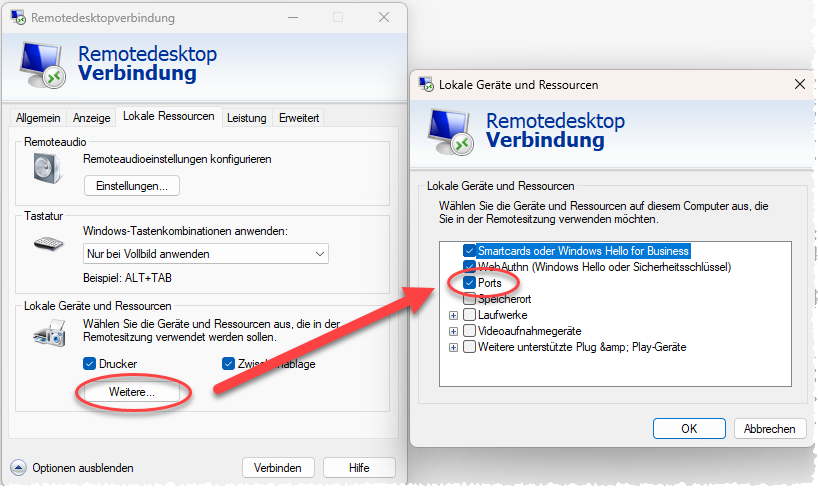 RDP Sitzung starten und Ports aktivieren
