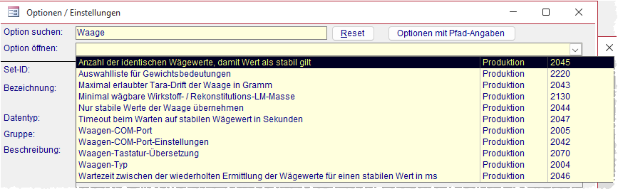 Waagenoptionen in SteriBase