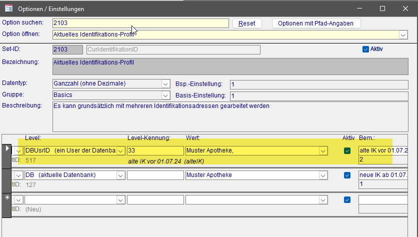 Option 2103 Benutzerzuordnung