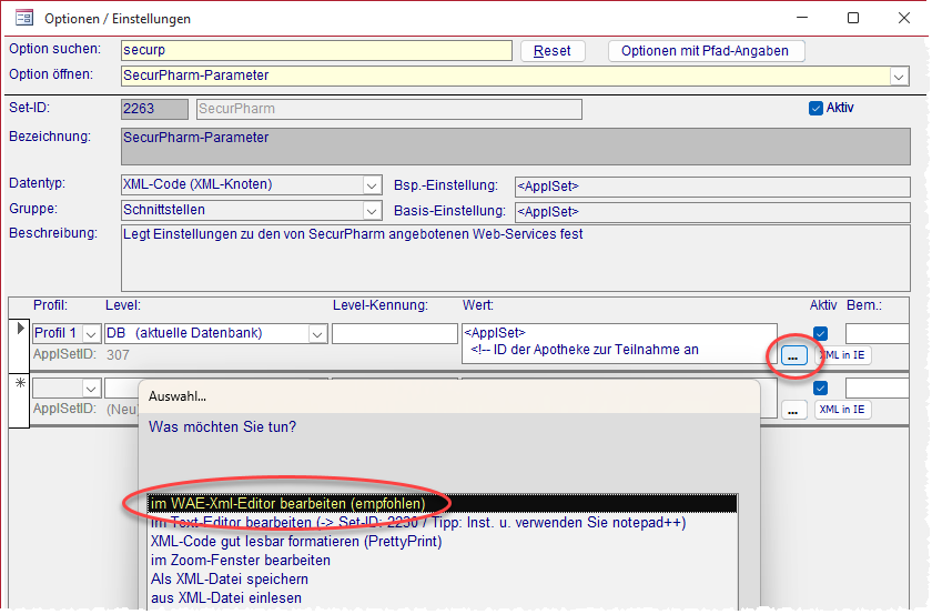 Option 2263 über den Editor öffnen