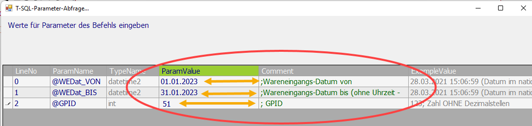 Parameterfeld mit Datum und GPID