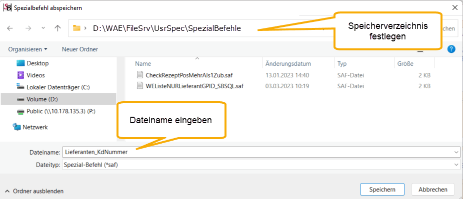 Befehl abspeichern mit Beschreibung und Dateiname